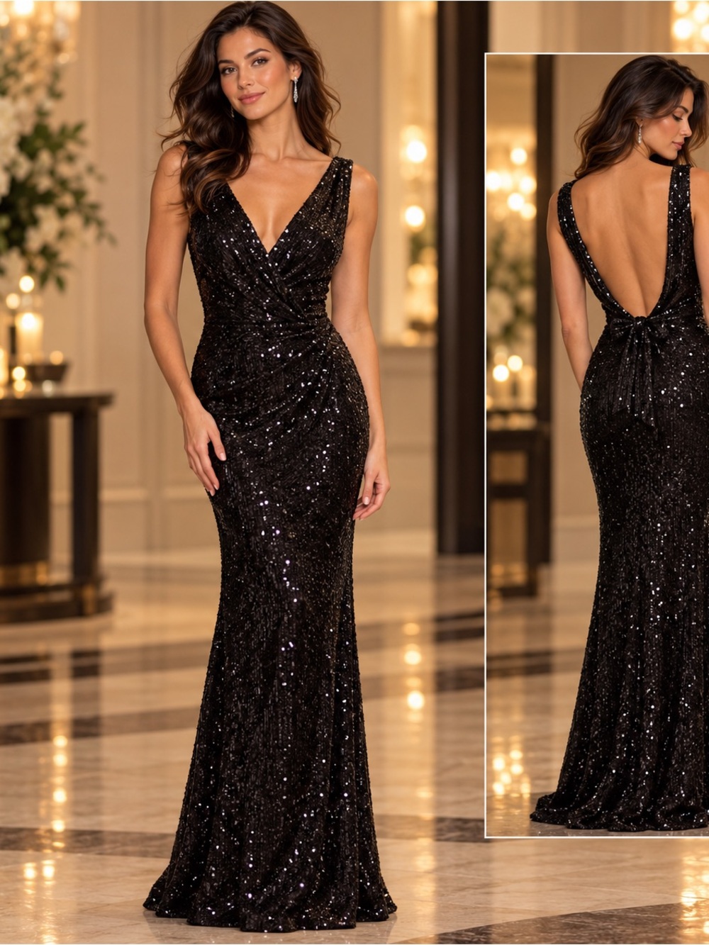 NWT Xscape Black Sequin Open Back Evening Gown Dress Size 4
